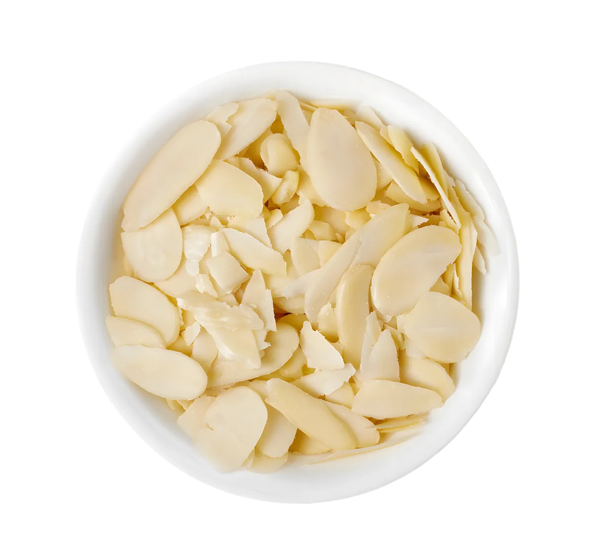 Bol blanc rempli d'amandes effilées PROFRUIT, fines lamelles prêtes à l'emploi pour recettes maison. Idéal en fruits secs de cuisine.